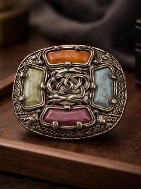 Vintage Multicolor Stone Celtic Brooch